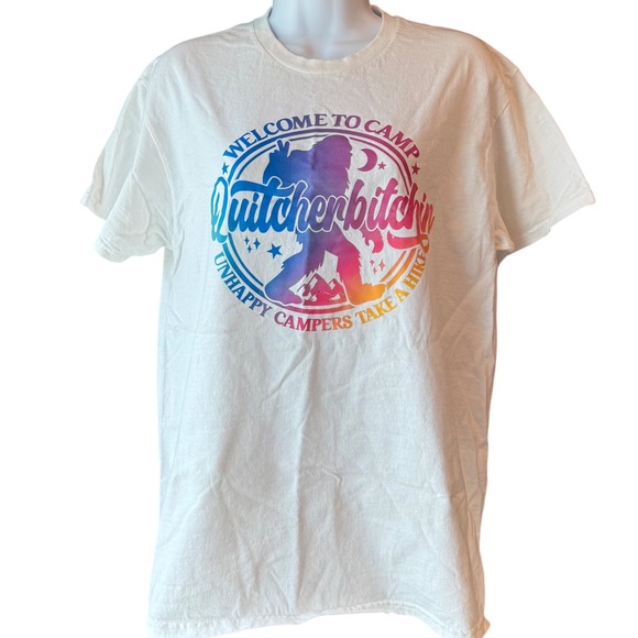 Gildan Graphic Tee Quitcherbitchin' Bigfoot Camping Hiking White T-Shirt Size M - Picture 1 of 6